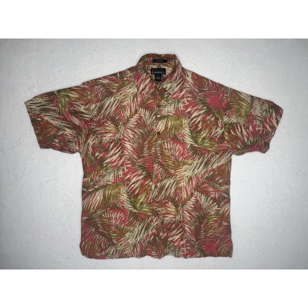 Luau Finest Silk Hawaiian Shirt S 100% Silk Palm Leaf Print Red Green